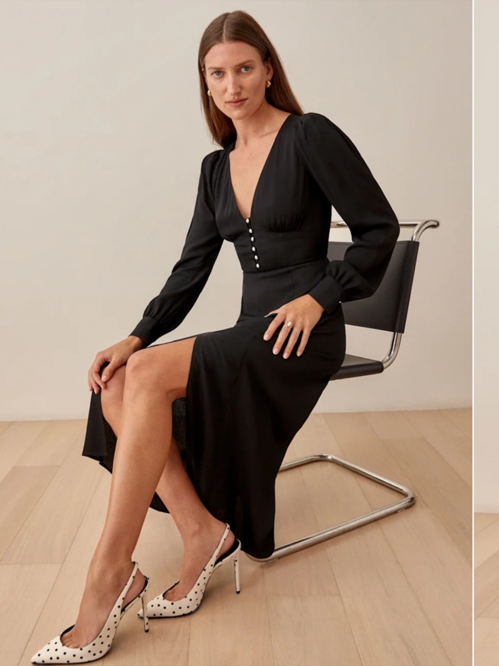 Reformation Black V-Neck Pearl-Button Midi Dress